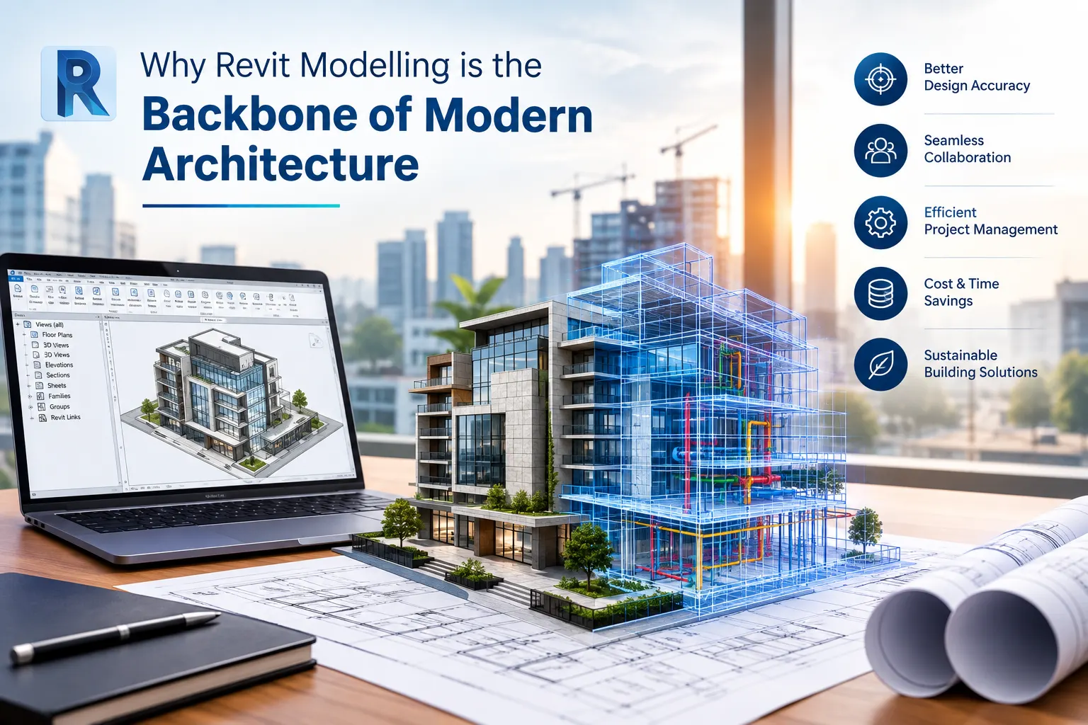 Architect reviewing a Revit 3D building model on screen for a modern architecture project
