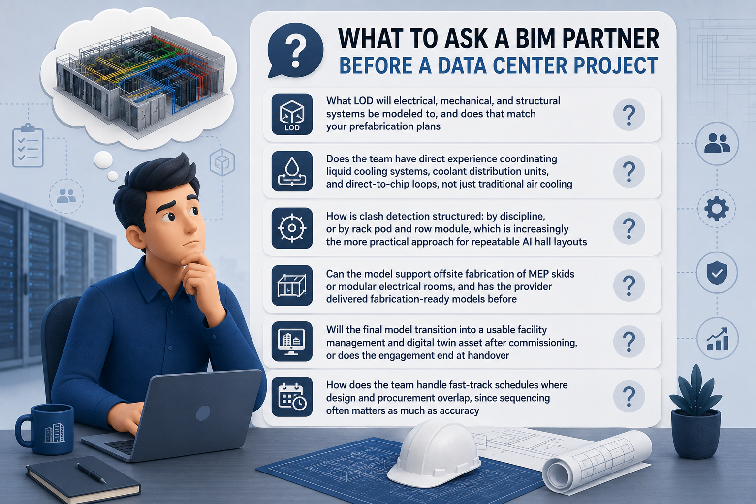 BIM partner questions for data center projects covering LOD, liquid cooling, clash detection, prefabrication, and digital twins