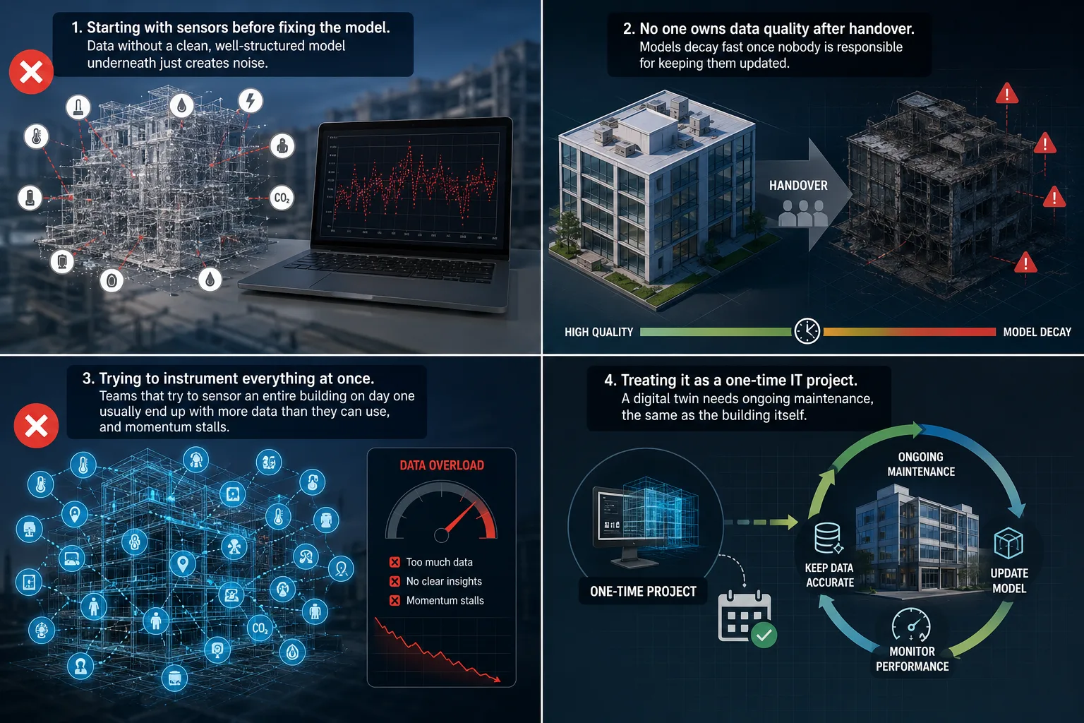 Common digital twin project mistakes including poor BIM modeling, data quality issues, excessive sensors, and inadequate ongoing maintenance.
