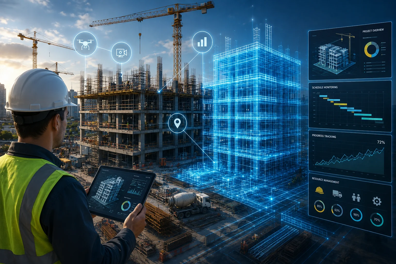Digital twin for construction monitoring with BIM model, real-time project tracking, and construction site visualization.