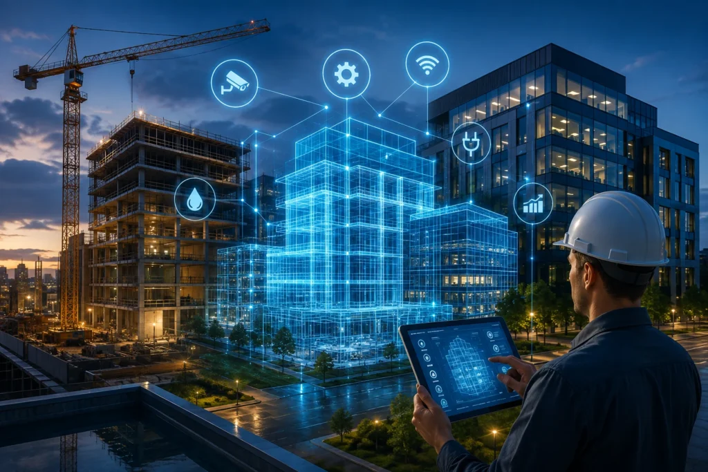 digital twins, facility management, construction monitoring, BIM, building management, smart construction, digital twin technology.