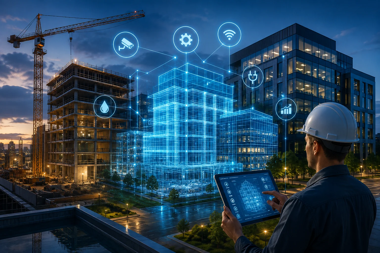 digital twins, facility management, construction monitoring, BIM, building management, smart construction, digital twin technology.
