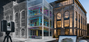 Scan to BIM workflow for renovation and retrofit of aging infrastructure, featuring a 3D laser scanner, point cloud model, BIM visualization, and a renovated commercial building for accurate renovation planning.