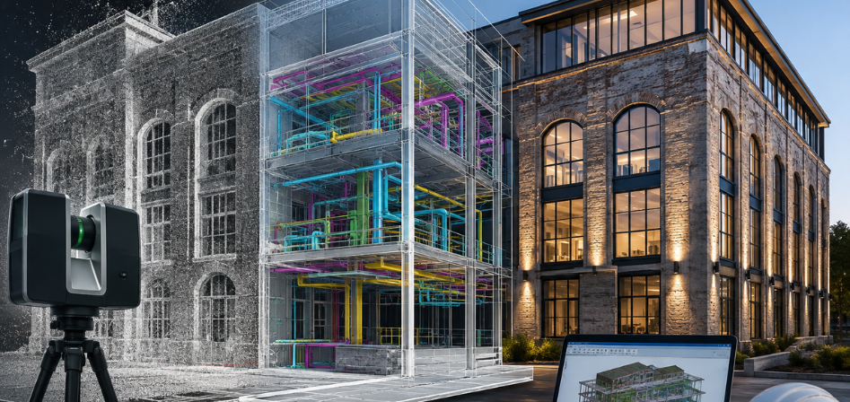 Scan to BIM workflow for renovation and retrofit of aging infrastructure, featuring a 3D laser scanner, point cloud model, BIM visualization, and a renovated commercial building for accurate renovation planning.