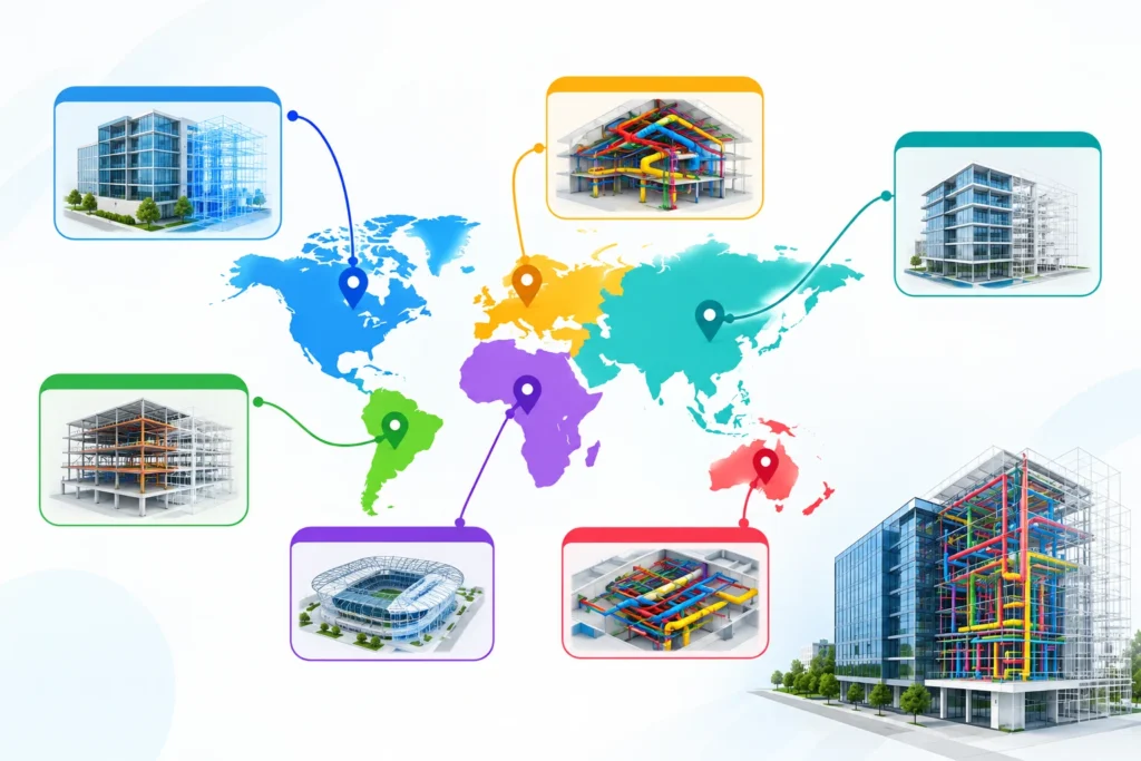 BIM outsourcing visualization with global map, architectural models, and MEP coordination designs