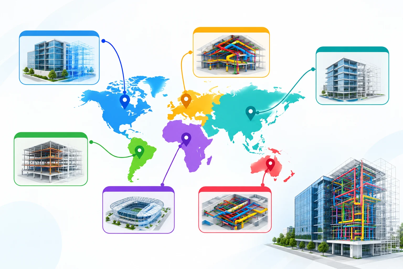 BIM outsourcing visualization with global map, architectural models, and MEP coordination designs