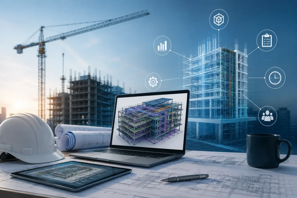 A professional BIM visualization showing a laptop displaying a detailed 3D building model on a construction planning desk, surrounded by architectural drawings, a tablet, hard hat, and digital BIM coordination graphics. A construction site with a tower crane and partially completed building appears in the background, representing digital construction planning and BIM execution.