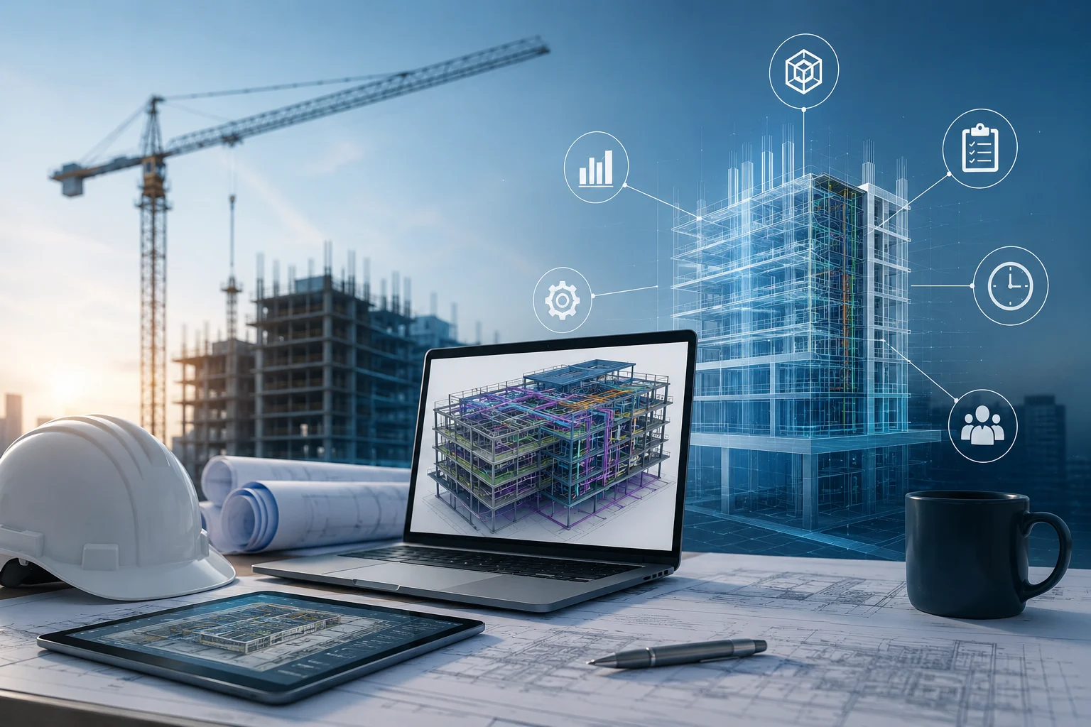 A professional BIM visualization showing a laptop displaying a detailed 3D building model on a construction planning desk, surrounded by architectural drawings, a tablet, hard hat, and digital BIM coordination graphics. A construction site with a tower crane and partially completed building appears in the background, representing digital construction planning and BIM execution.