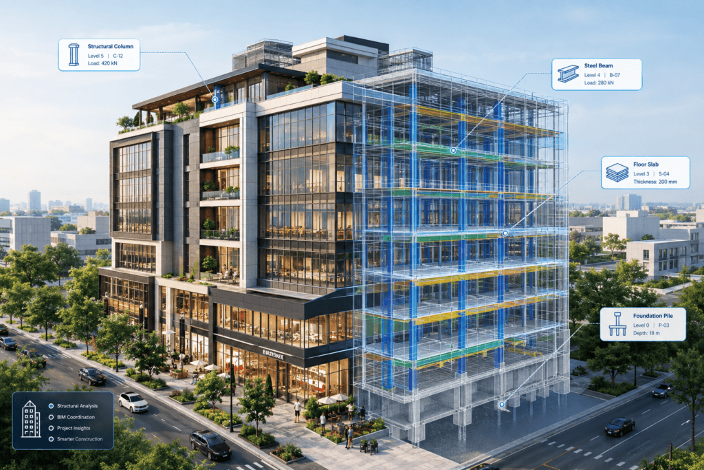 3D BIM model of a US commercial building with structural coordination overlay